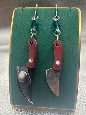 Handmade Witch B*tch Real Knife and Blue/Green Glass Bead Earrings